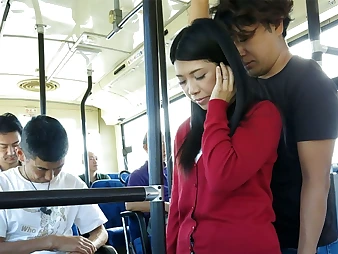Black-haired Aimi Nagano gets her taut crevice opened up in a bus rail